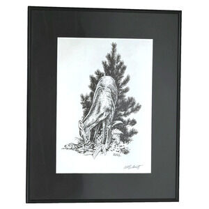 Charles W. Schwartz Signed Framed Pen & Ink Drawing 16"W x 20"H Deer & Fawn